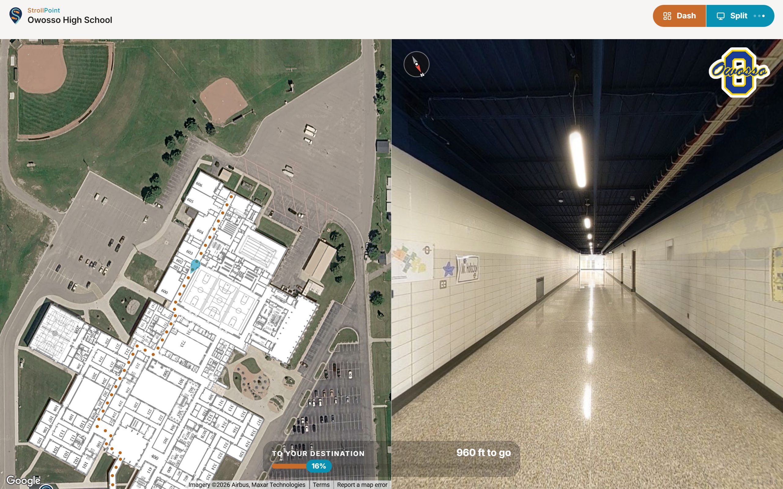 The Owosso High School desktop tour mid route: the floor plan over satellite with the dotted route drawn, 960 feet to go in the corridor, and the destination progress pill at 16 percent.