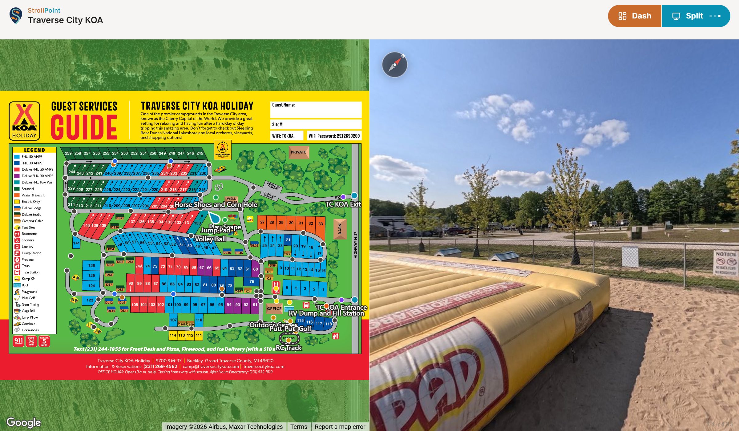 The Traverse City KOA tour in split view: the campground guest map anchored over satellite imagery beside a real 360 photo of the campground road, with a named point tag.