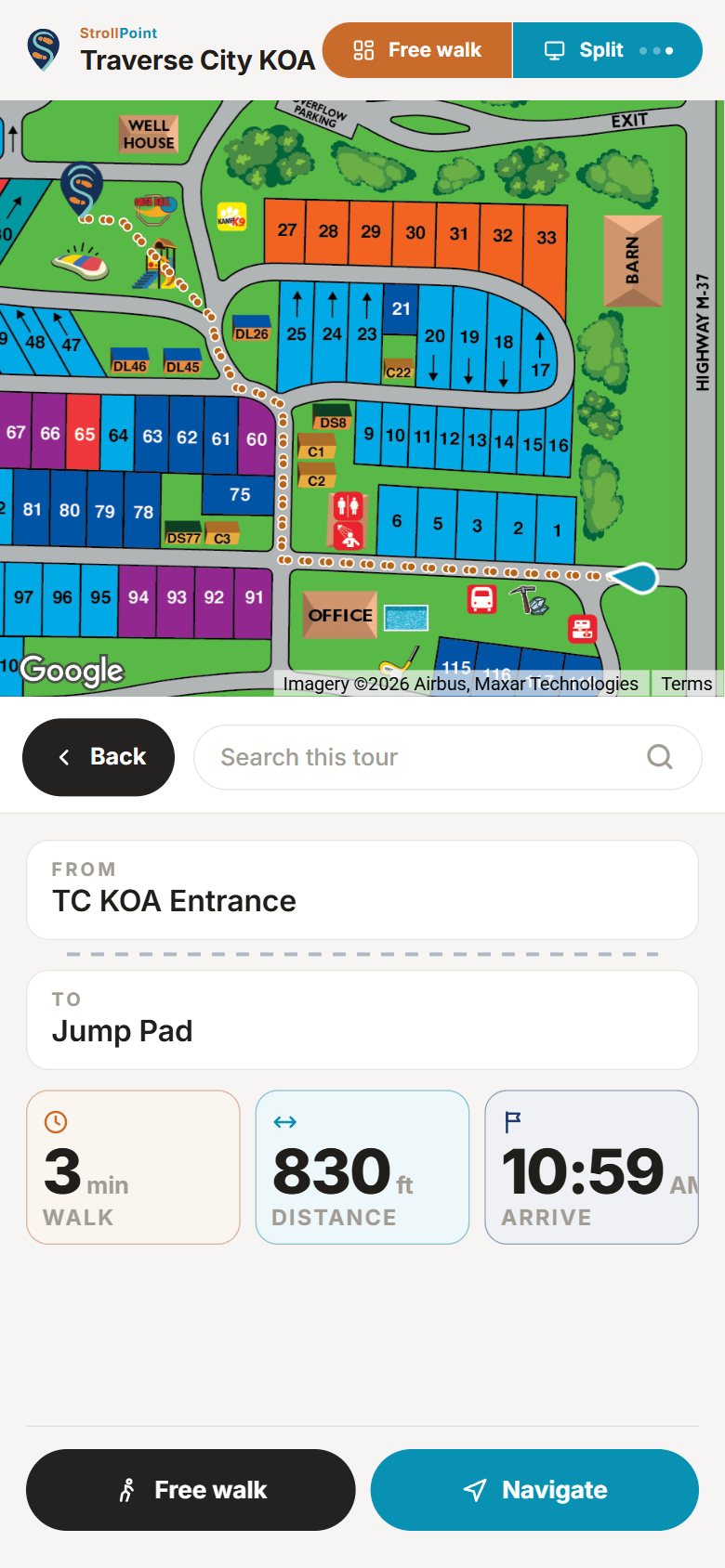 The route card: from TC KOA Entrance to Jump Pad, a 3 minute walk of 830 feet arriving at 10:59 AM, with the dotted route already drawn on the property map.