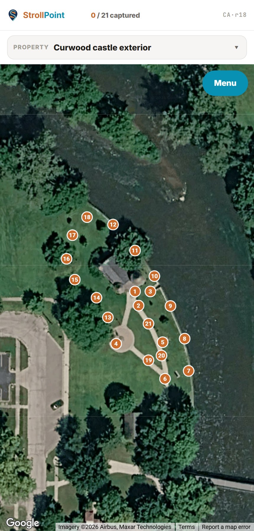 The capture app on a phone: zero of twenty one captured, with every planned point numbered on the satellite map of the property.