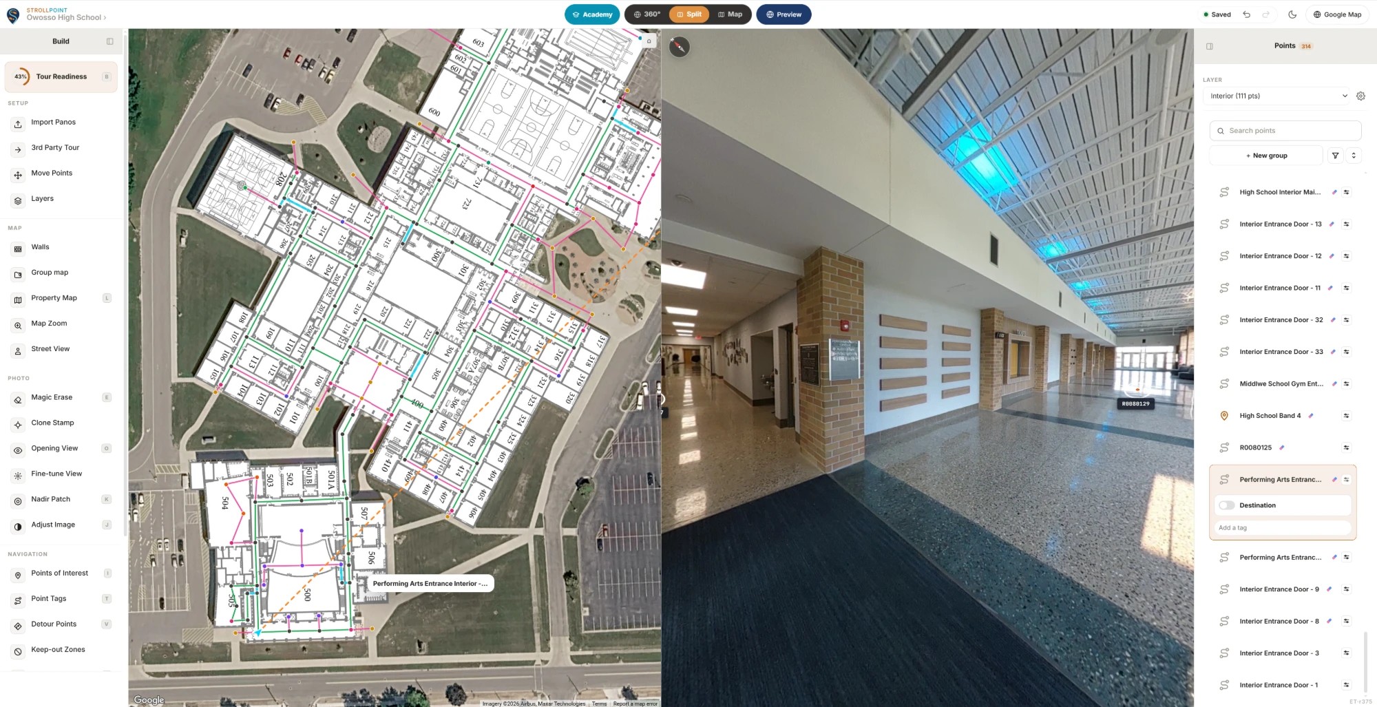 The StrollPoint editor on a real tour: the tool rail, the school floor plan anchored over satellite imagery with the walking paths drawn, the interior 360 photo, and the point list.